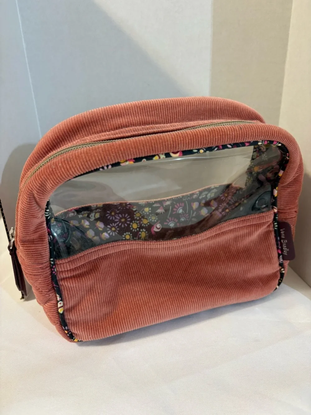 Vera Bradley make up travel toiletries bag coral‎ corduroy cosmetic bag see thur